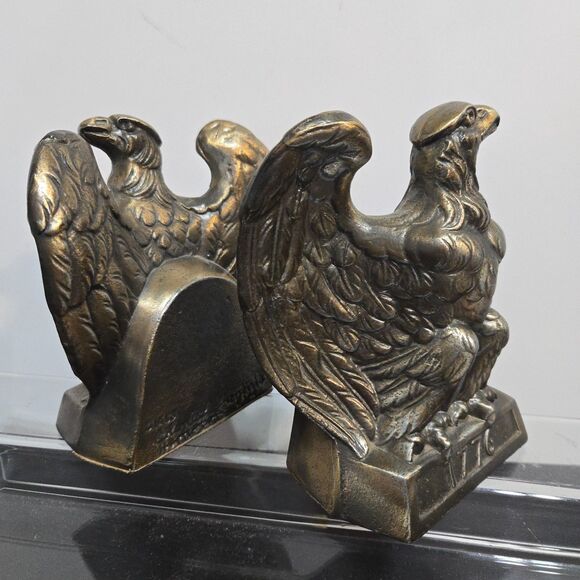 2 Vintage 1965 Colonial Hampton Virginia Cast Brass 1776 Eagle Bookends Set 6" - Picture 6 of 7